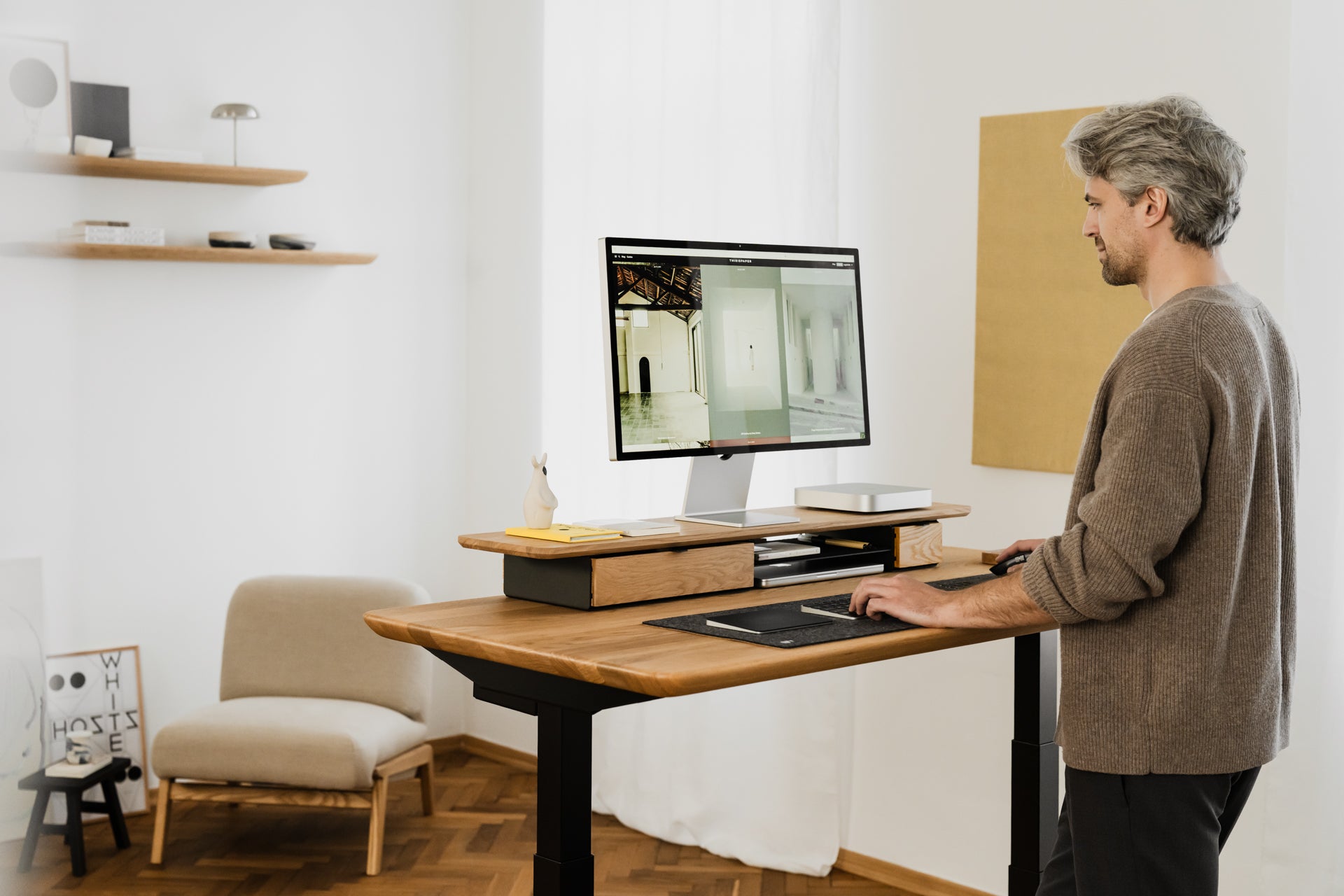 oakywood wooden desk shelf pro, solid wood monitor stand desk setup | oak, single drawer, black