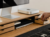 oakywood wooden desk shelf pro, solid wood monitor stand desk setup | oak, dual drawer, black