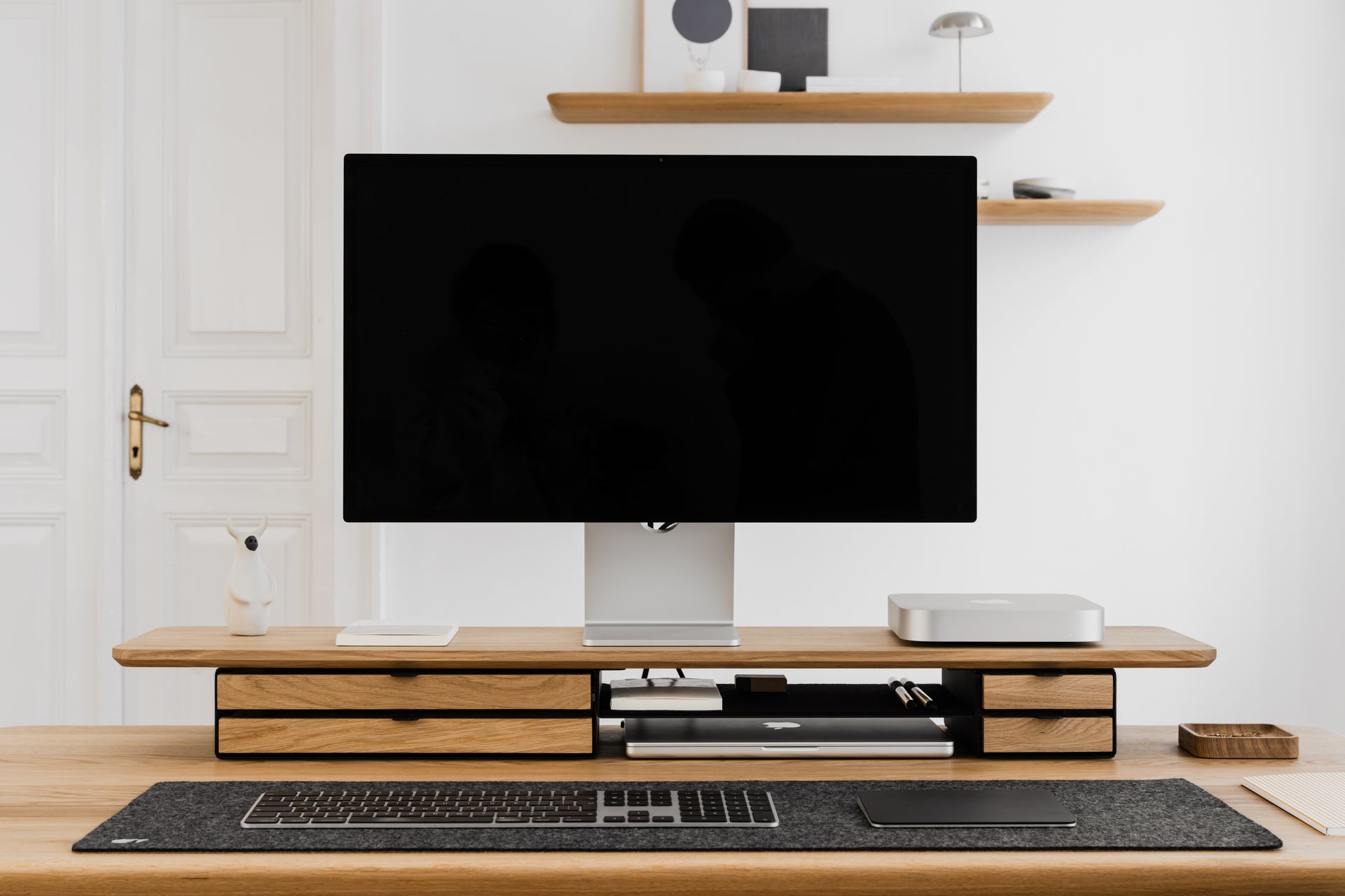 oakywood wooden desk shelf pro, solid wood monitor stand desk setup | oak, dual drawer, black