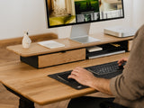 oakywood wooden desk shelf pro, solid wood monitor stand desk setup | oak, single drawer, black