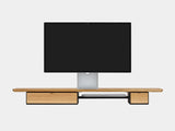 oakywood wooden desk shelf pro, solid wood monitor stand front view with macbook | oak, single drawer, black