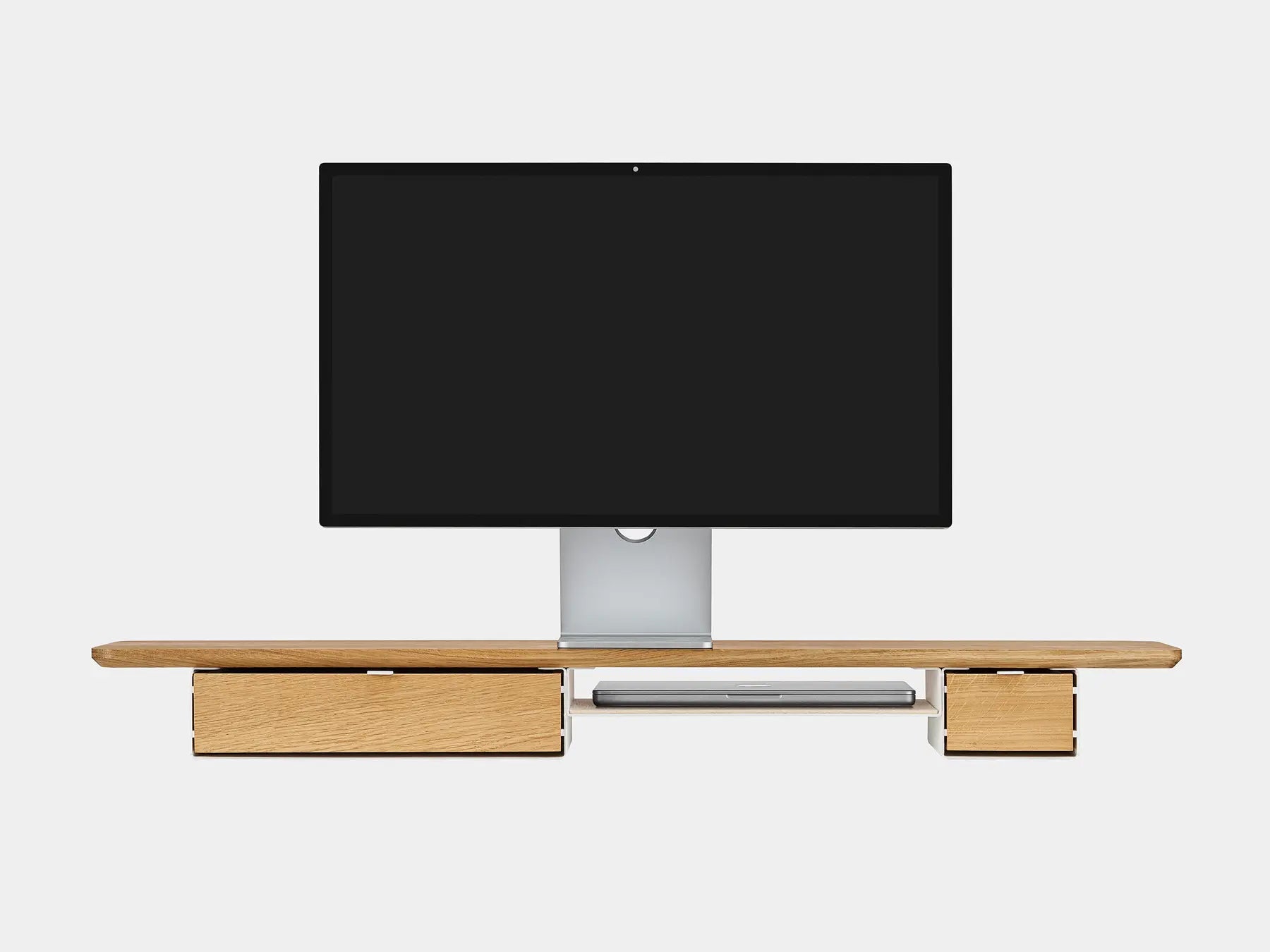 oakywood wooden desk shelf pro, solid wood monitor stand front view with macbook | oak, single drawer, white