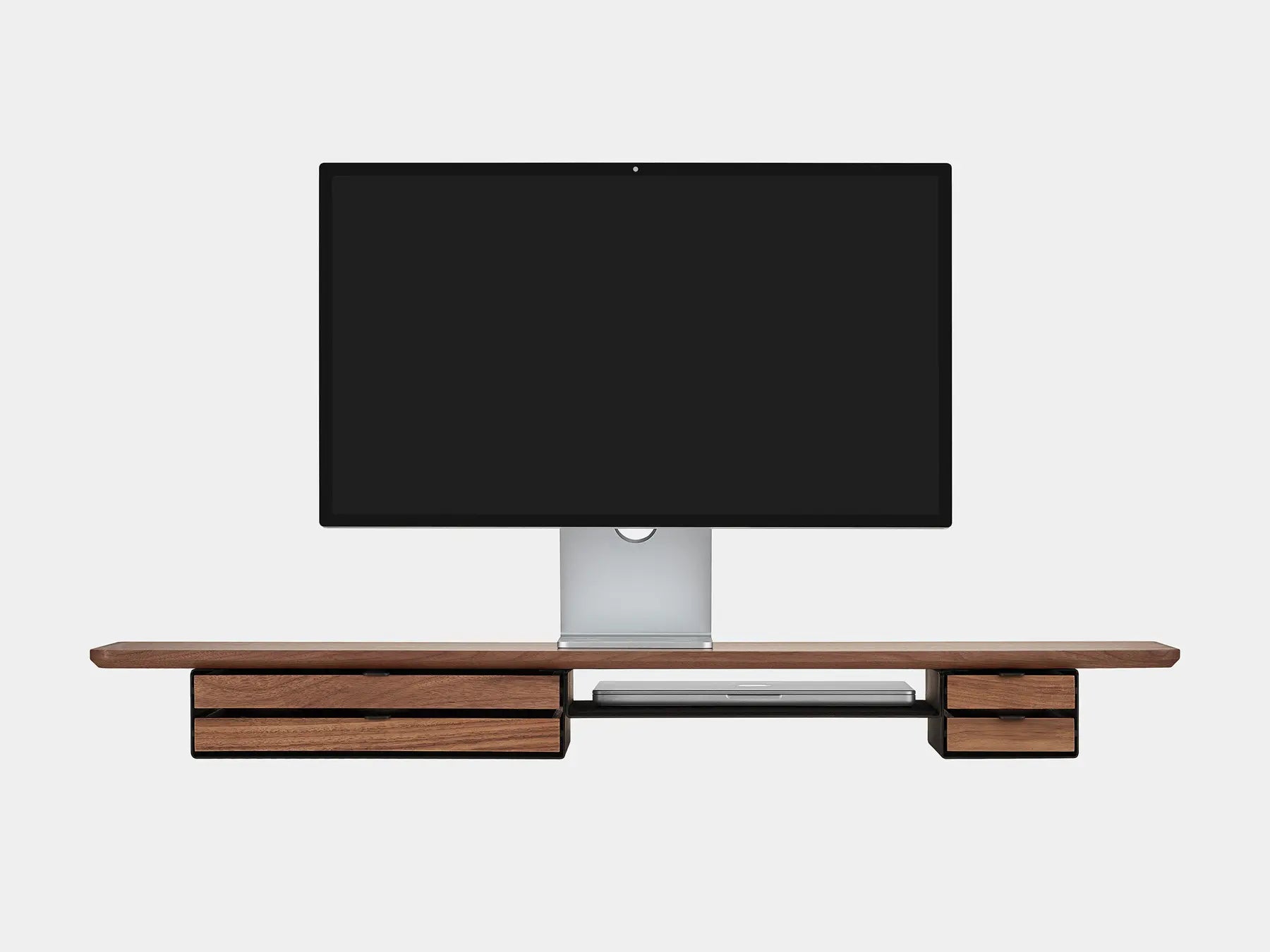 oakywood wooden desk shelf pro, solid wood monitor stand front view with macbook | walnut, dual drawer, black