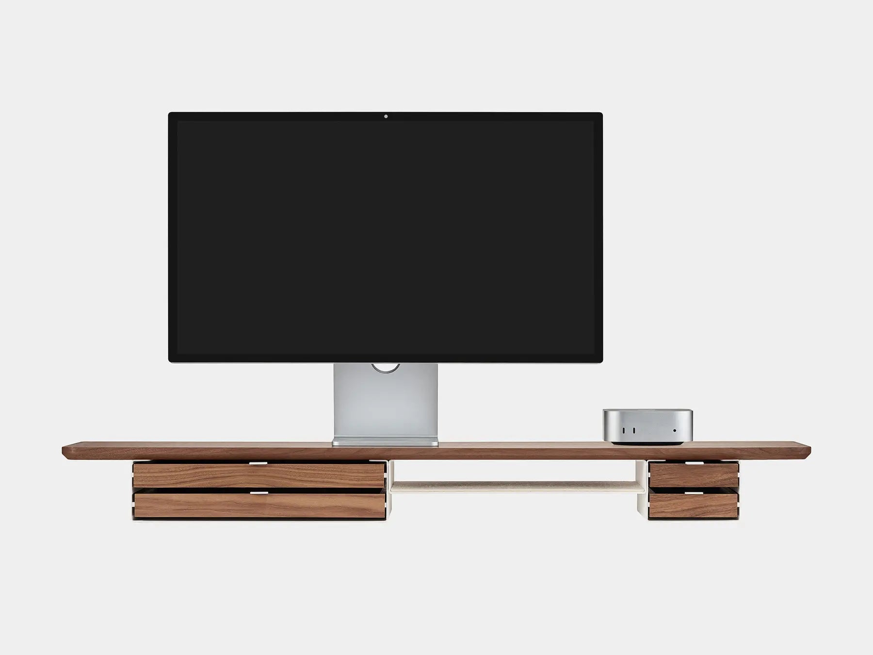 oakywood wooden desk shelf pro, solid wood monitor stand front view with mac mini | walnut, dual drawer, white