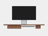 oakywood wooden desk shelf pro, solid wood monitor stand front view with macbook | walnut, dual drawer, white