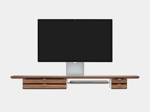 oakywood wooden desk shelf pro, solid wood monitor stand front view with macbook | walnut, dual drawer, white