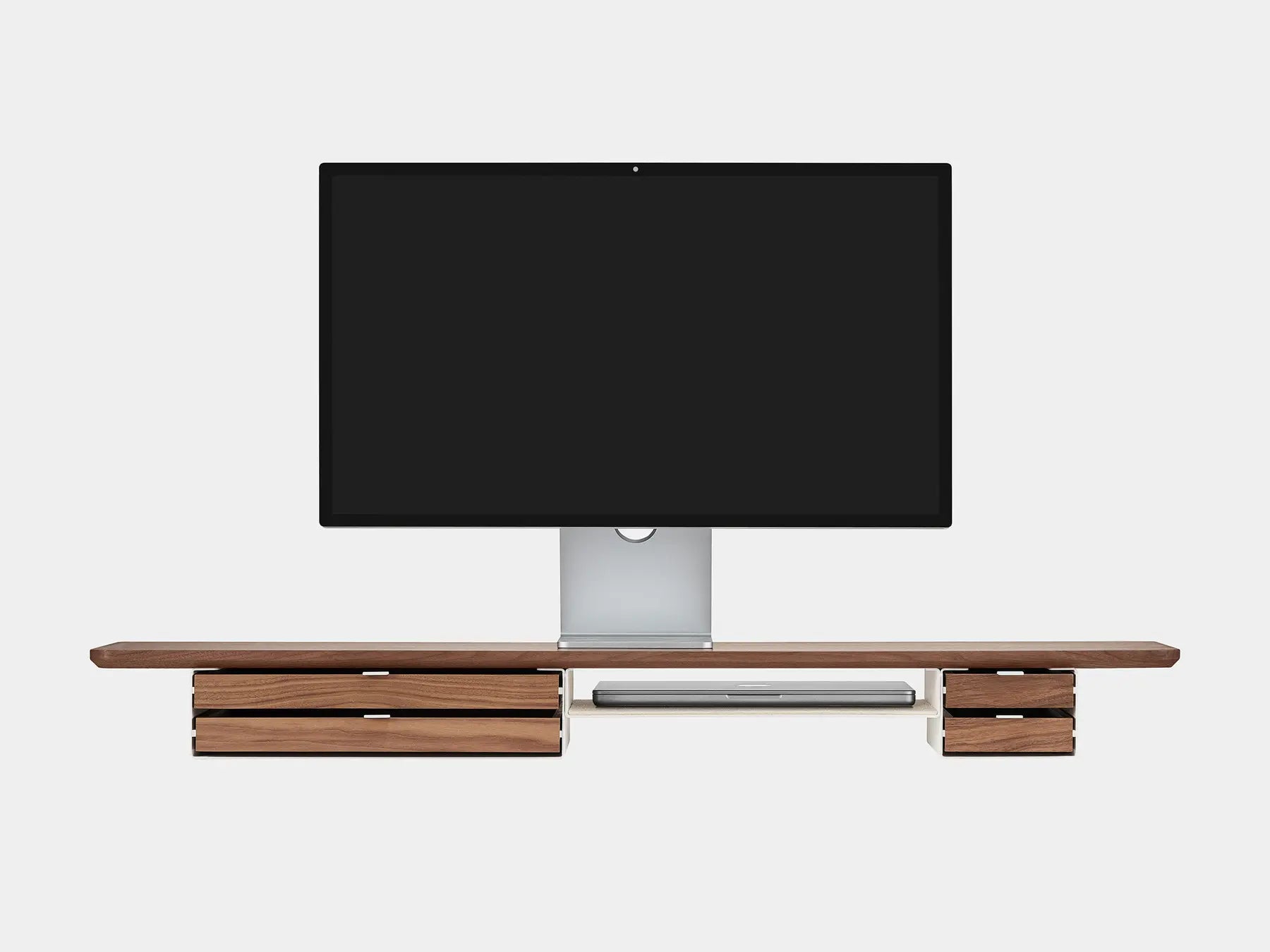 oakywood wooden desk shelf pro, solid wood monitor stand front view with macbook | walnut, dual drawer, white