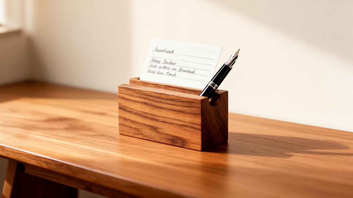 Calm minimalist desk with a single wooden task card holder and pen