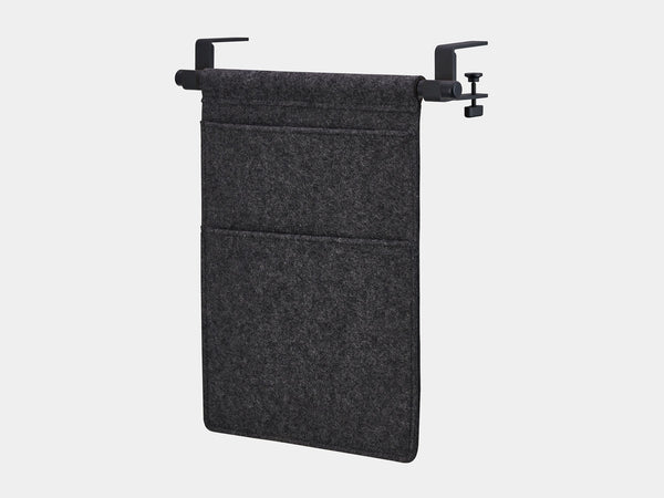 Oakywood Hanging Desk Organizer featuring anthracite felt pocket, black rod and black clamps – minimalist under desk organizer for workspace accessories | anthracite, black, black