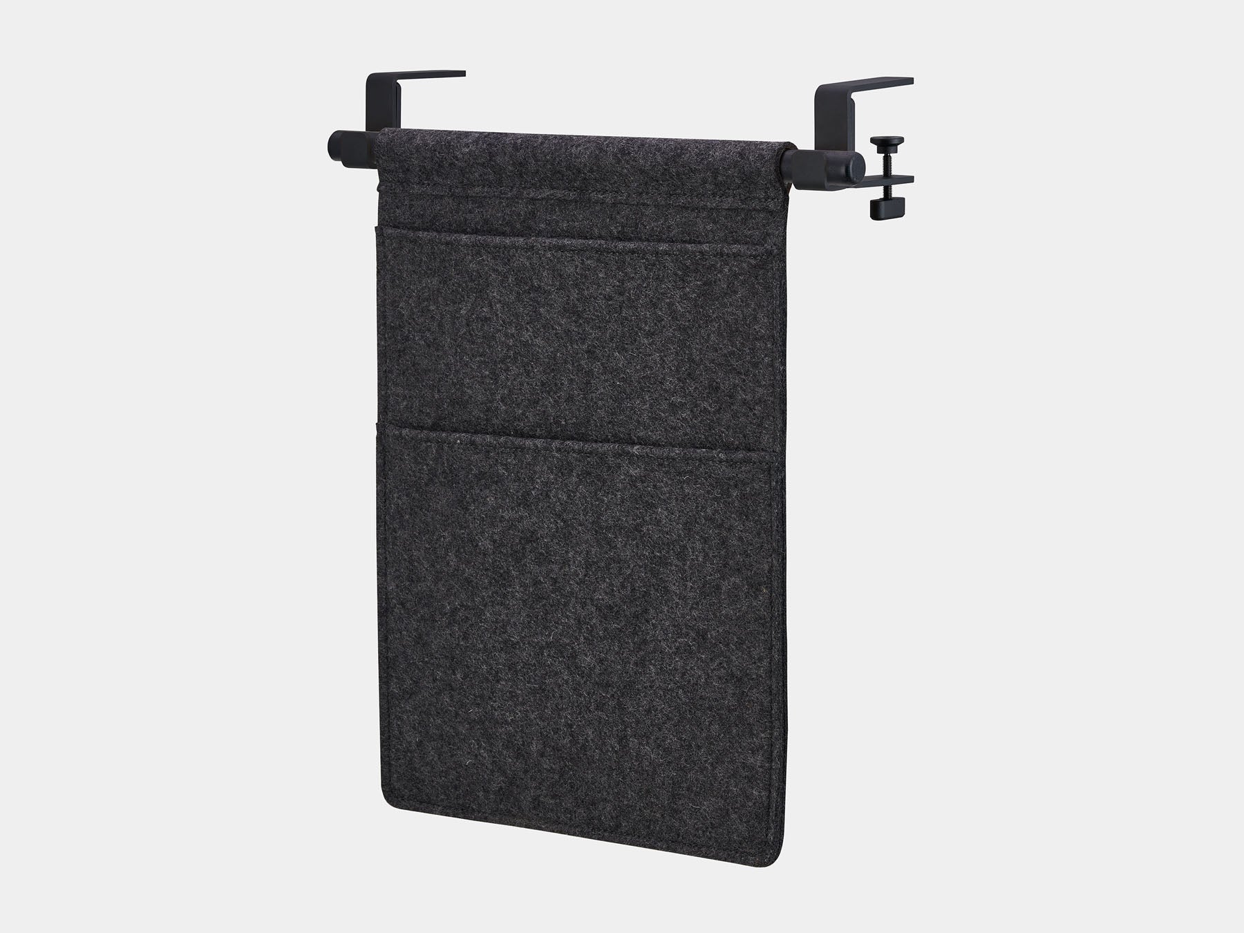 Oakywood Hanging Desk Organizer featuring anthracite felt pocket, black rod and black clamps – minimalist under desk organizer for workspace accessories | anthracite, black, black