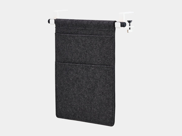 Oakywood Hanging Desk Organizer featuring anthracite felt pocket, black rod and white clamps – elegant side mounted desk organizer for everyday essentials | anthracite, black, white