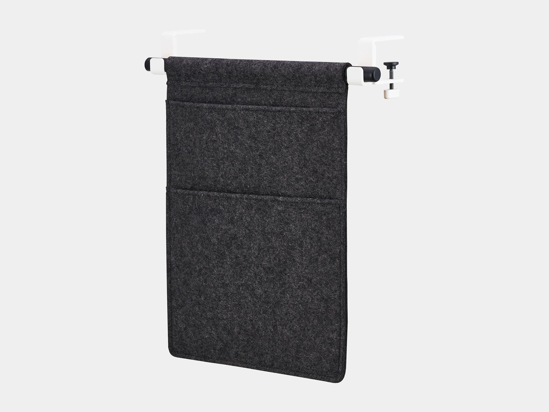 Oakywood Hanging Desk Organizer featuring anthracite felt pocket, black rod and white clamps – elegant side mounted desk organizer for everyday essentials | anthracite, black, white