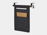 Oakywood Hanging Desk Organizer with anthracite felt pocket, oak wooden rod and black metal clamps – elegant dark grey side mounted storage for workspace gear | anthracite, oak, black