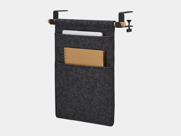 Oakywood Hanging Desk Organizer with anthracite felt pocket, oak wooden rod and black metal clamps – elegant dark grey side mounted storage for workspace gear | anthracite, oak, black