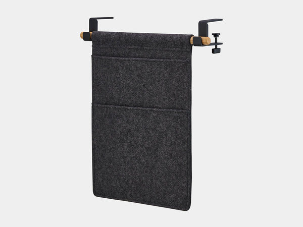 Oakywood Hanging Desk Organizer featuring anthracite felt pocket, oak rod and black clamps – refined hanging desk pocket for office accessories | anthracite, oak, black