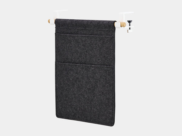 Oakywood Hanging Desk Organizer featuring anthracite felt pocket, oak rod and white clamps – minimalist felt pocket with natural wood accent for workspace items | anthracite, oak, white