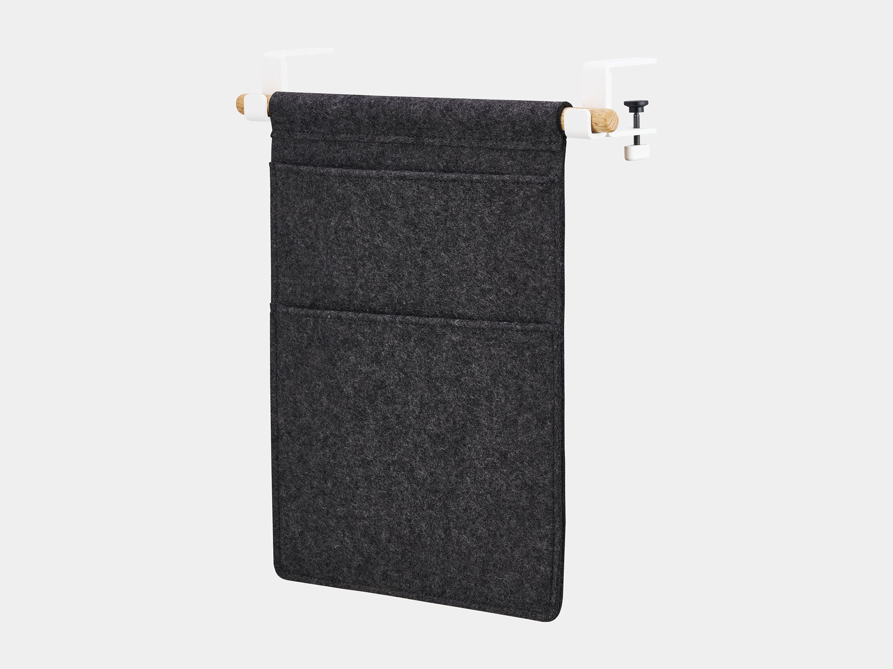 Oakywood Hanging Desk Organizer featuring anthracite felt pocket, oak rod and white clamps – minimalist felt pocket with natural wood accent for workspace items | anthracite, oak, white