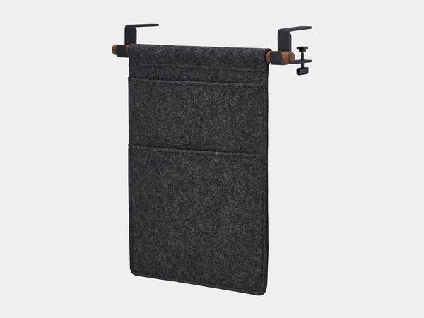 Oakywood Hanging Desk Organizer featuring anthracite felt pocket, walnut rod and black clamps – elegant felt desk pocket for small workspace accessories | anthracite, walnut, black