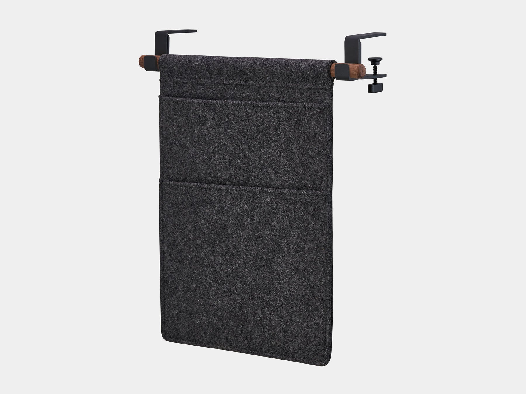 Oakywood Hanging Desk Organizer featuring anthracite felt pocket, walnut rod and black clamps – elegant felt desk pocket for small workspace accessories | anthracite, walnut, black