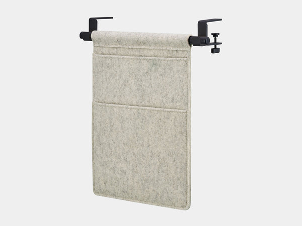 Oakywood Hanging Desk Organizer featuring stone grey felt pocket, black rod and black clamps – minimalist under desk felt pocket for workspace supplies | stone grey, black, black