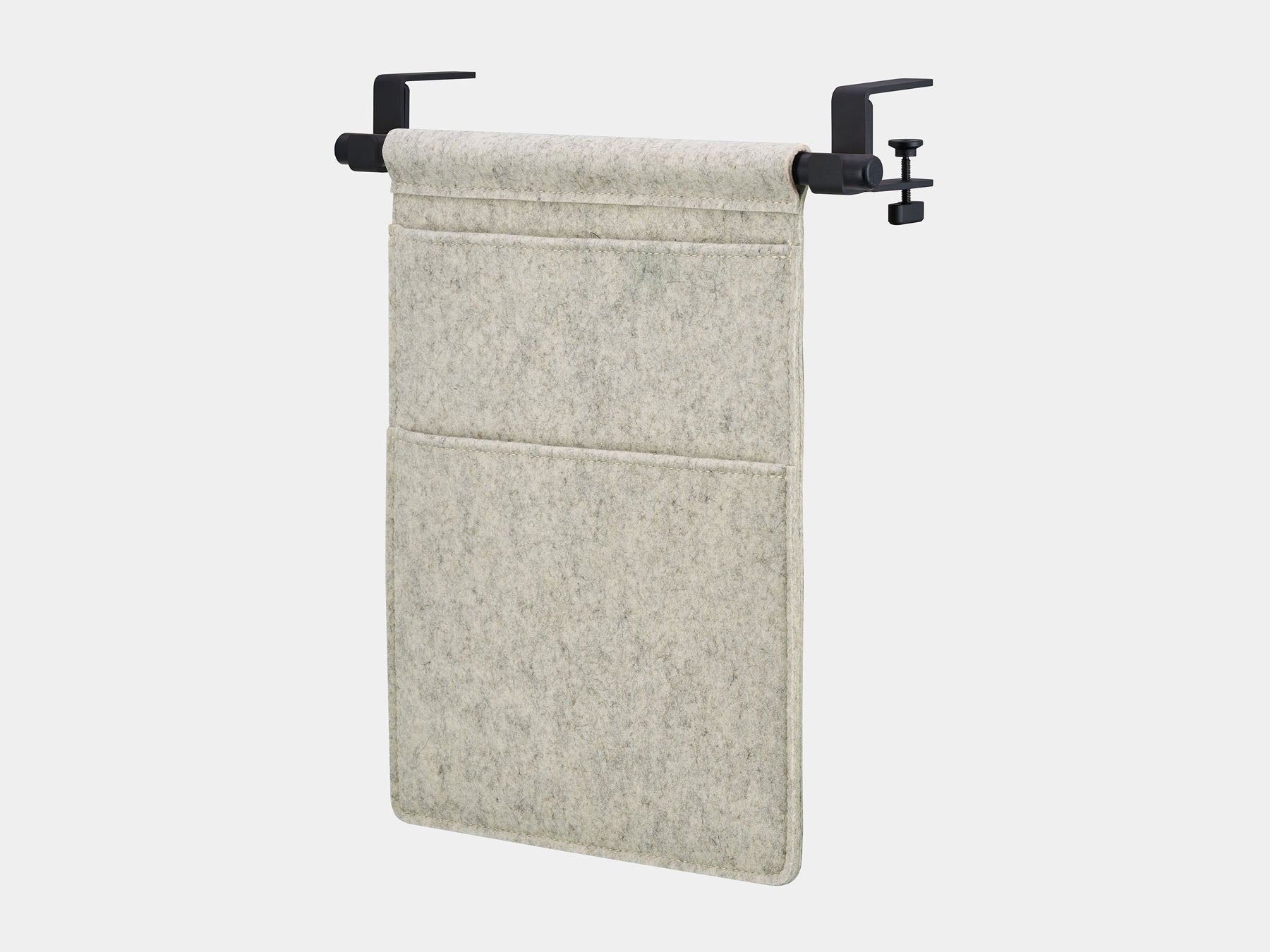 Oakywood Hanging Desk Organizer featuring stone grey felt pocket, black rod and black clamps – minimalist under desk felt pocket for workspace supplies | stone grey, black, black