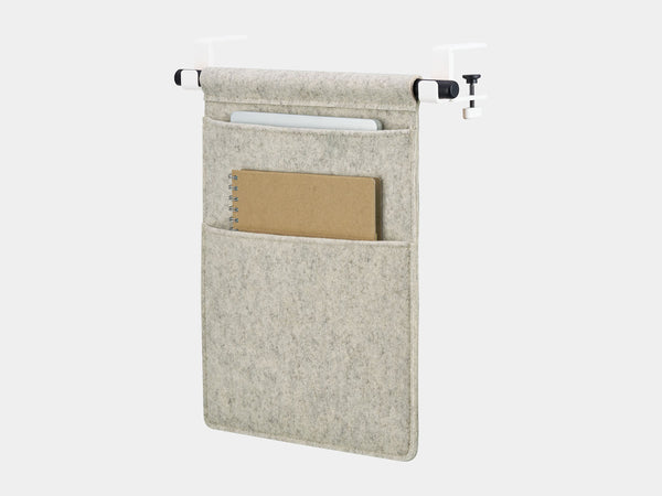 Oakywood Hanging Desk Organizer with stone grey felt pocket, black wooden rod and white metal clamps – bold contemporary hanging organizer for office items | stone grey, black, white