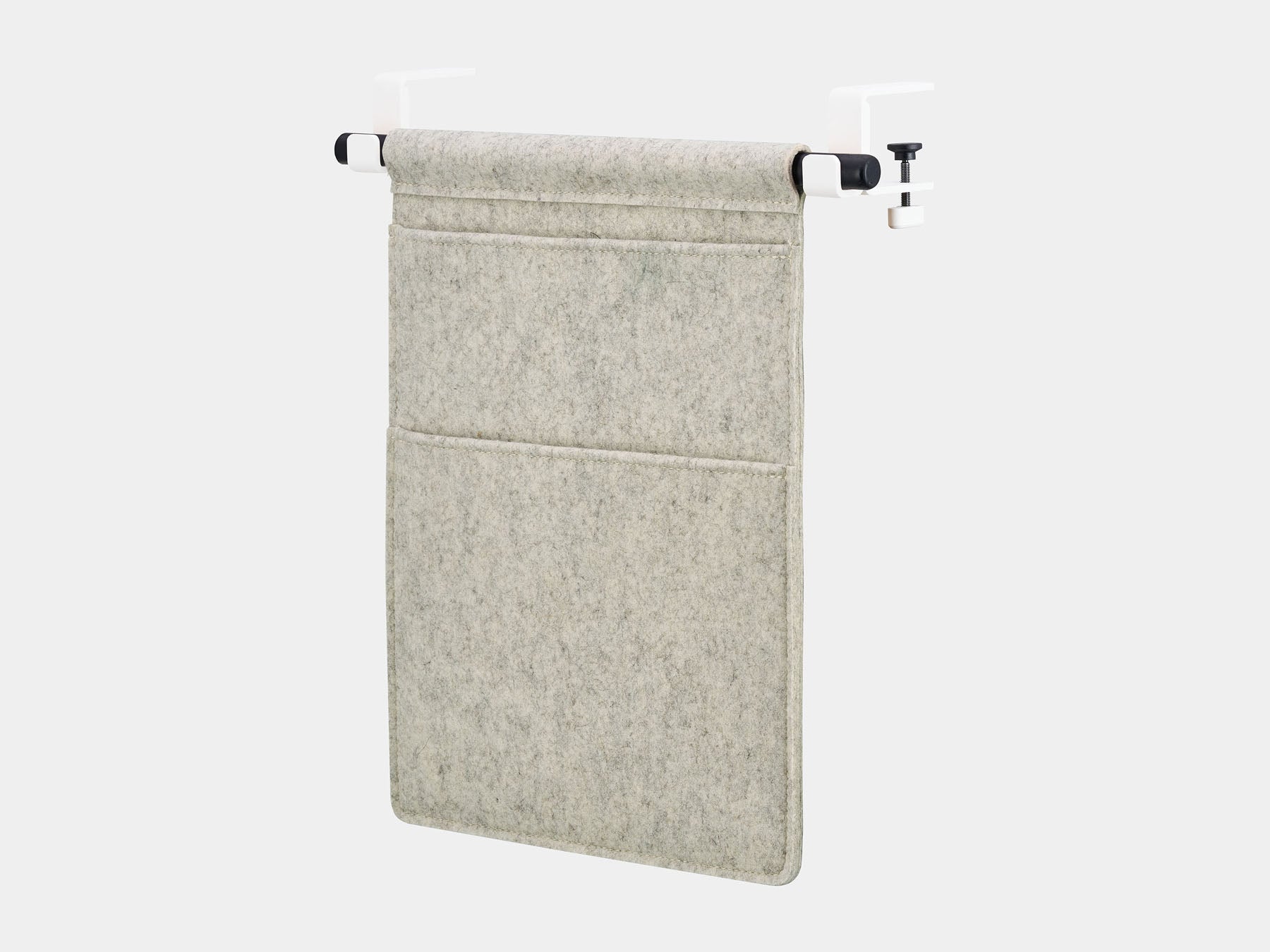Oakywood Hanging Desk Organizer featuring stone grey felt pocket, black rod and white clamps – stylish felt pocket mounted on desk side for everyday tools | stone grey, black, white
