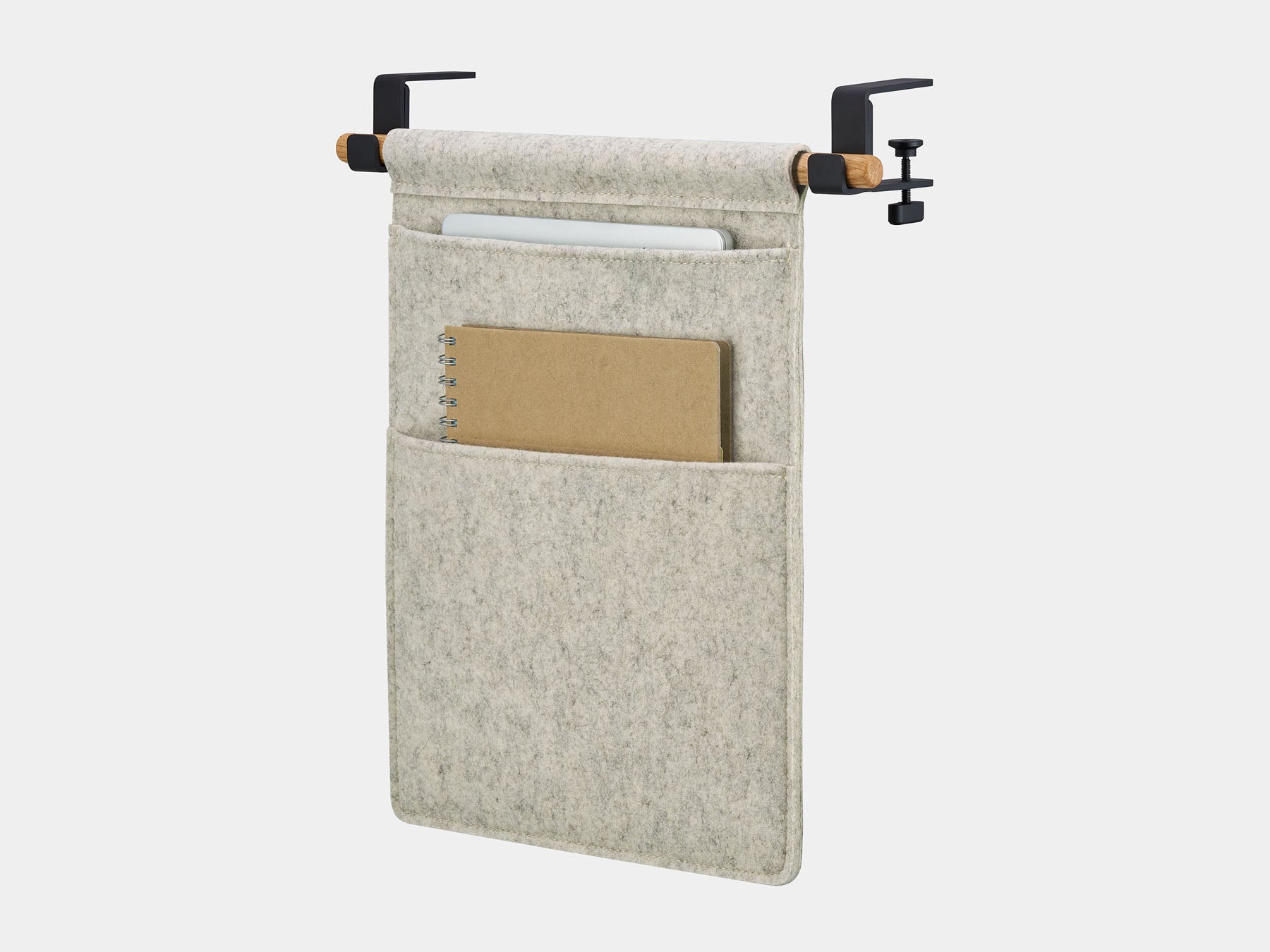 Hanging Desk Organizer	Oakywood Hanging Desk Organizer with stone grey felt pocket, oak wooden rod and black metal clamps – elegant side mounted storage for office accessories | stone grey, oak, black
