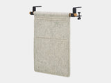 Oakywood Hanging Desk Organizer featuring stone grey felt pocket, oak rod and black clamps – stylish under desk hanging storage solution | stone grey, oak, black