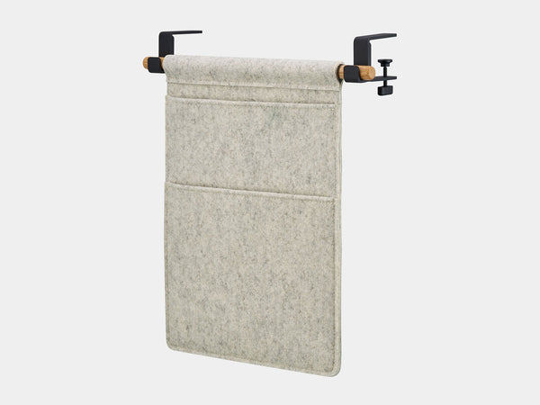 Oakywood Hanging Desk Organizer featuring stone grey felt pocket, oak rod and black clamps – stylish under desk hanging storage solution | stone grey, oak, black