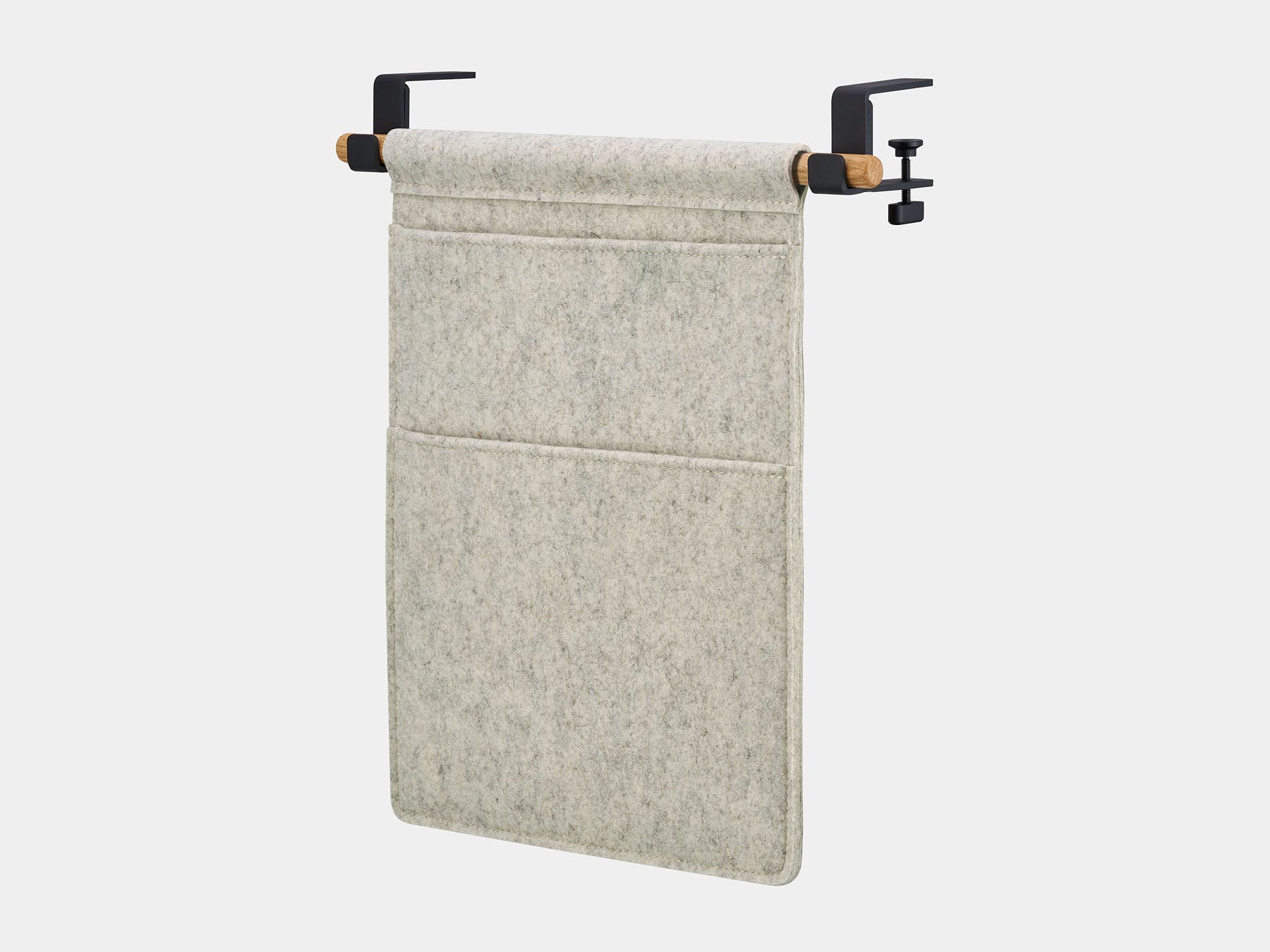 Oakywood Hanging Desk Organizer featuring stone grey felt pocket, oak rod and black clamps – stylish under desk hanging storage solution | stone grey, oak, black