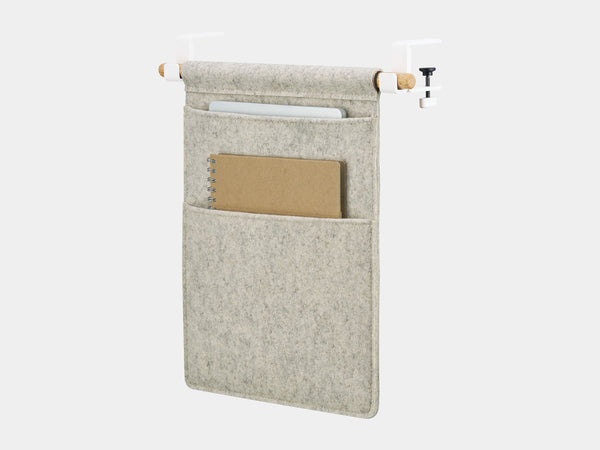 Oakywood Hanging Desk Organizer with stone grey felt pocket, oak wooden rod and white metal clamps – modern light wood side mounted organizer for workspace items | stone grey, oak, white