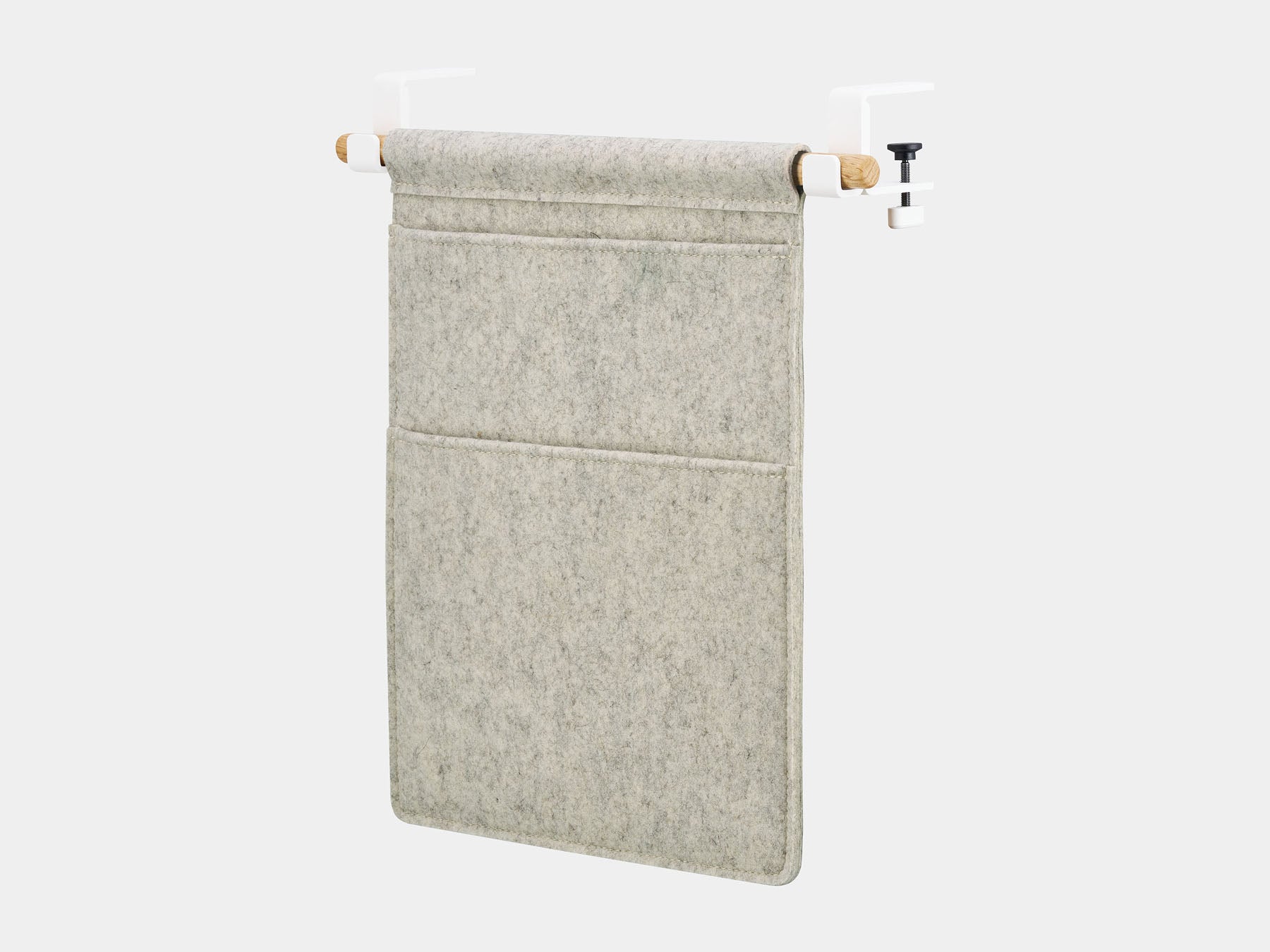 Oakywood Hanging Desk Organizer featuring stone grey felt pocket, oak rod and white clamps – minimalist hanging desk pocket for everyday essentials | stone grey, oak, white
