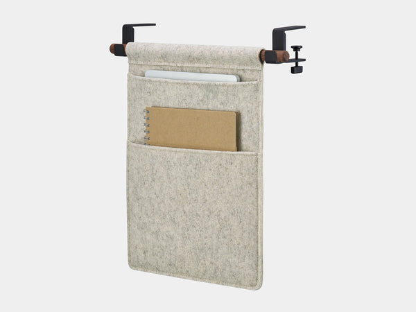 Oakywood Hanging Desk Organizer with stone grey felt pocket, walnut wooden rod and black metal clamps – refined dark wood side mounted felt organizer | stone grey, walnut, black