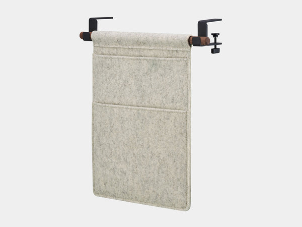 Oakywood Hanging Desk Organizer featuring stone grey felt pocket, walnut rod and black clamps – sophisticated under desk hanging pocket for office tools | stone grey, walnut, black