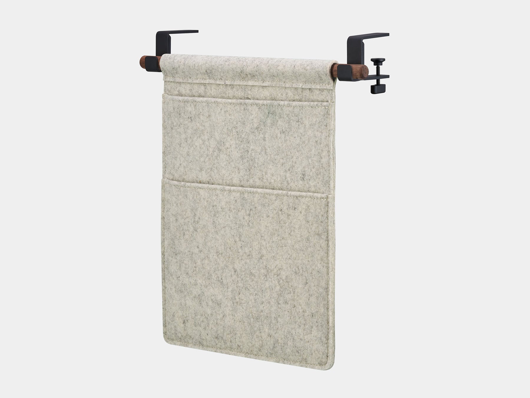 Oakywood Hanging Desk Organizer featuring stone grey felt pocket, walnut rod and black clamps – sophisticated under desk hanging pocket for office tools | stone grey, walnut, black