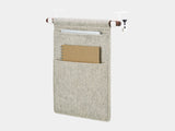Oakywood Hanging Desk Organizer with stone grey felt pocket, walnut wooden rod and white metal clamps – warm contemporary side mounted storage pocket | stone grey, walnut, white