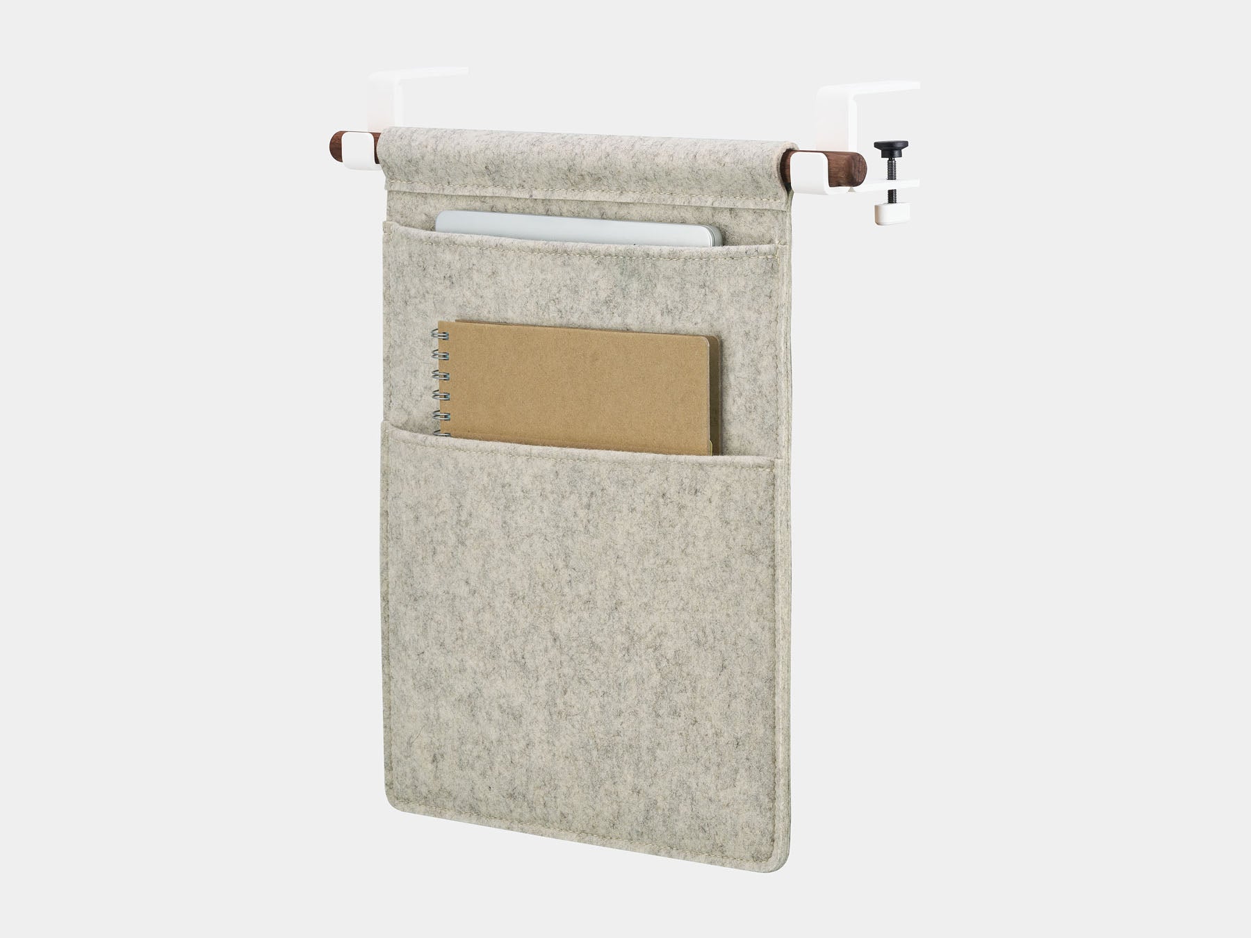 Oakywood Hanging Desk Organizer with stone grey felt pocket, walnut wooden rod and white metal clamps – warm contemporary side mounted storage pocket | stone grey, walnut, white