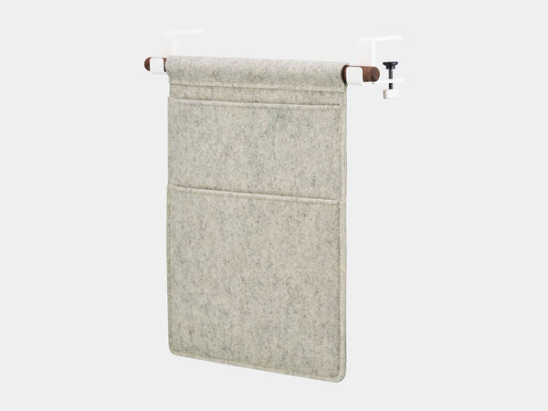 Oakywood Hanging Desk Organizer featuring stone grey felt pocket, walnut rod and white clamps – elegant felt desk organizer with dark wood accent | stone grey, walnut, white