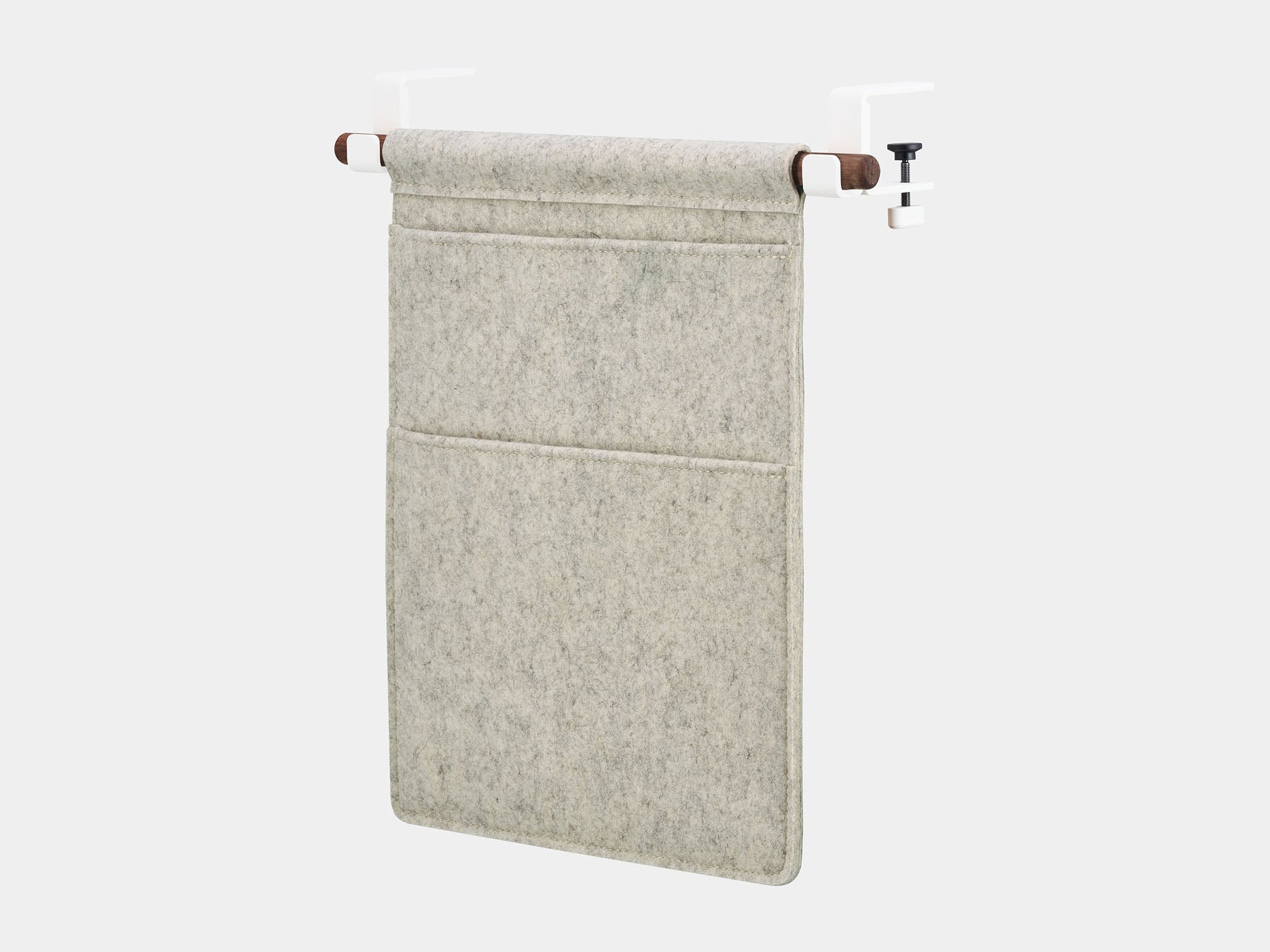 Oakywood Hanging Desk Organizer featuring stone grey felt pocket, walnut rod and white clamps – elegant felt desk organizer with dark wood accent | stone grey, walnut, white