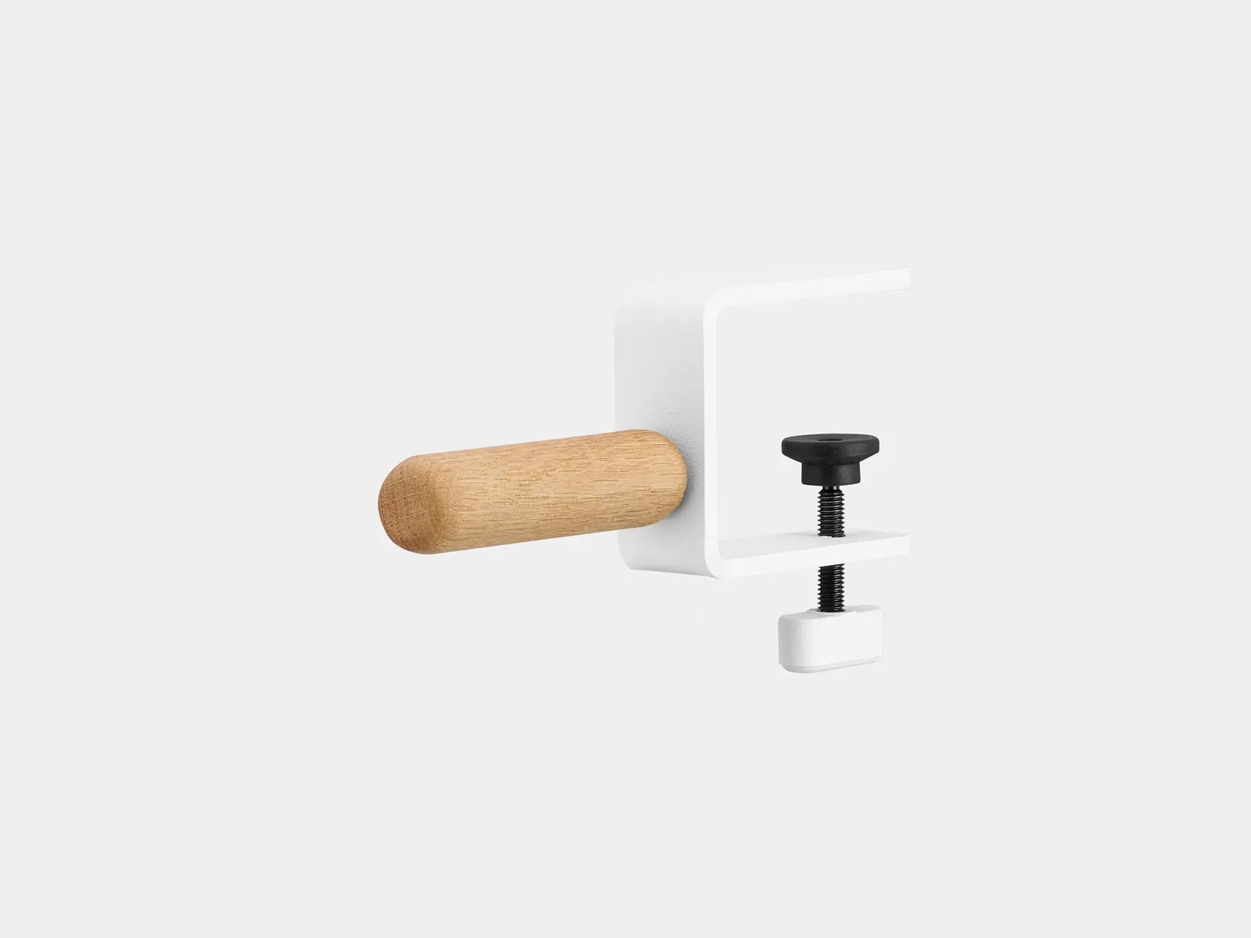 Oakywood Desk-Mounted Headphone Hook in oak with white finish – sleek wooden hook for headphones and accessories within arm’s reach | oak, white