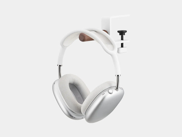 Oakywood Desk-Mounted Headphone Hook made of walnut with white accents – adjustable clamp hook for headphones, bags, or backpacks | walnut, white