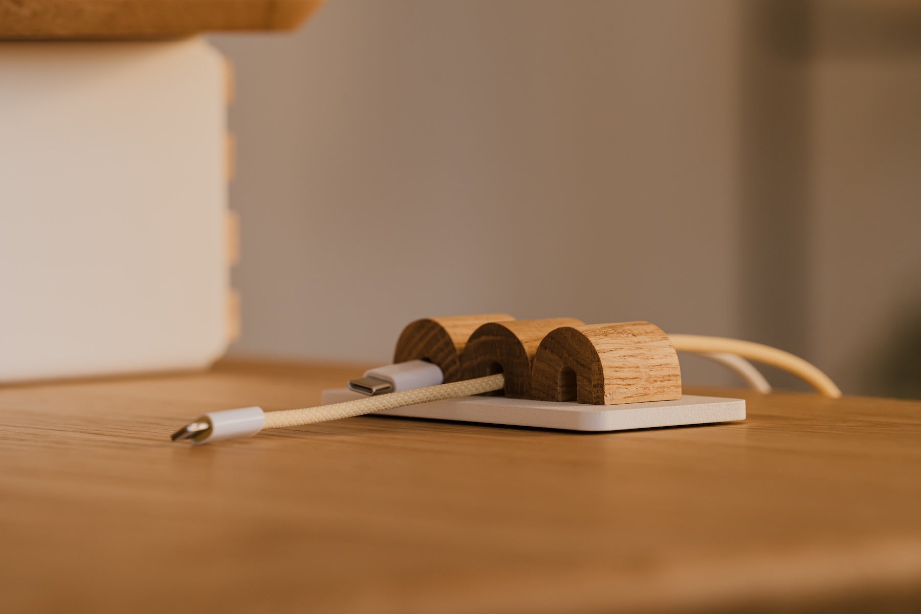 Oak and white magnetic cable holder – contemporary solution for keeping charging cables in place | oak, white