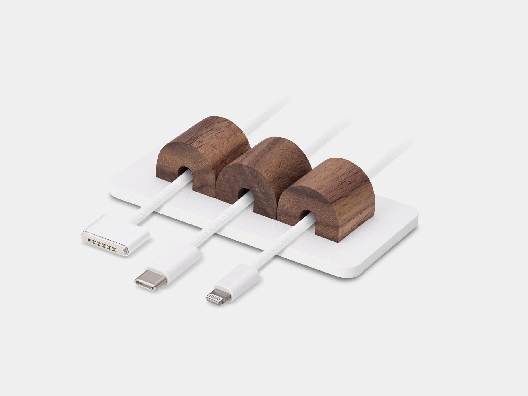 Magnetic cable organizer in walnut and white – contemporary design for desk cord management | walnut, white