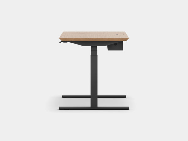 oakywood oak veneer wooden standing desk pro with black legs and cable management side view | oak veneer, ,black