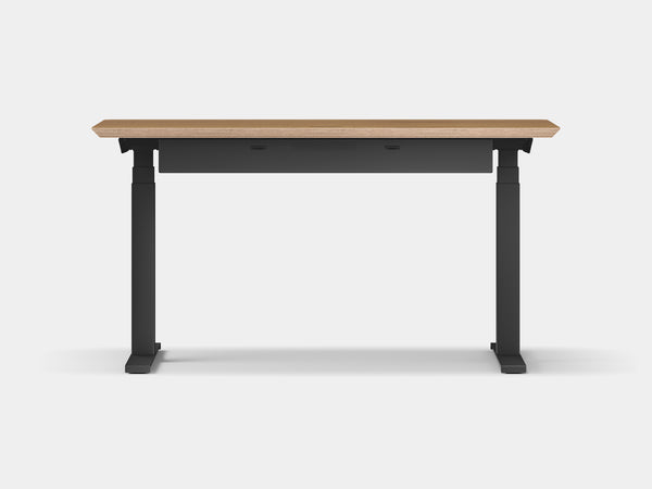oakywood oak veneer wooden standing desk pro with black legs and cable management side view | oak veneer, , black