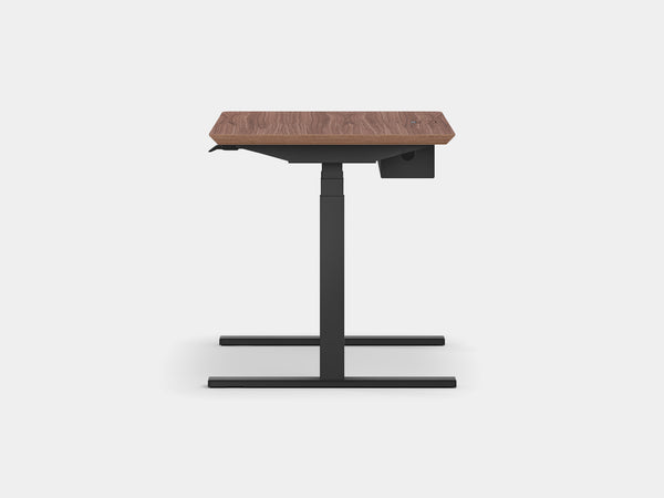 oakywood walnut veneer standing desk pro with black legs and cable management side view | walnut veneer, ,black