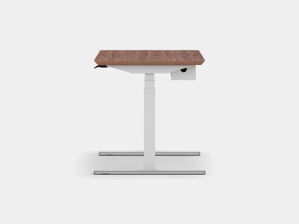 oakywood walnut veneer standing desk pro with white legs and cable management side view | walnut veneer, ,white