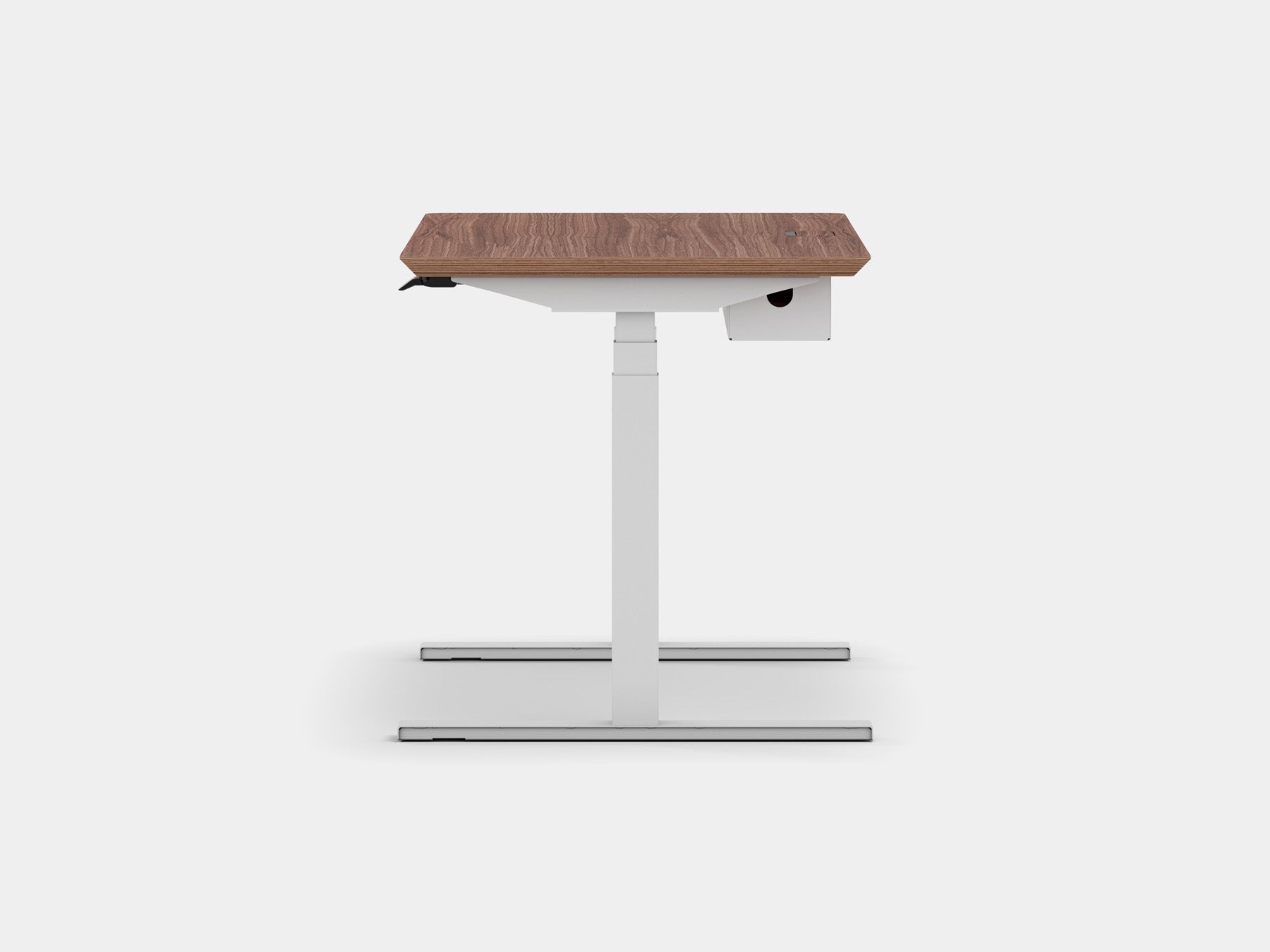 oakywood walnut veneer standing desk pro with white legs and cable management side view | walnut veneer, ,white