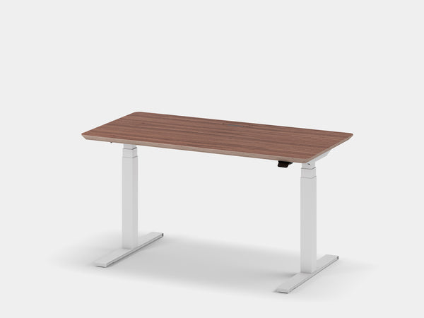 oakywood walnut veneer standing desk pro with white legs and cable management front view | walnut veneer, ,white